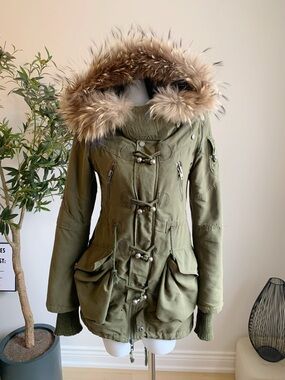 SLY Olive Green Faux Fur Hood Parka Slim Fit Jacket S